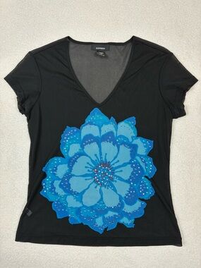 Vintage Express Mesh Flower Top with Rhinestones Sheer Y2K 90s Sz Large